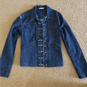 Jean Paul Gaultier Dark Blue Jean Jacket with hook enclosures. Size 44.